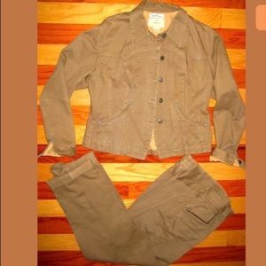 VINTAGE 1980s ANN TAYLOR VENTILO TAN DENIM FITTED JACKET PANTS SET LARGE 8 10